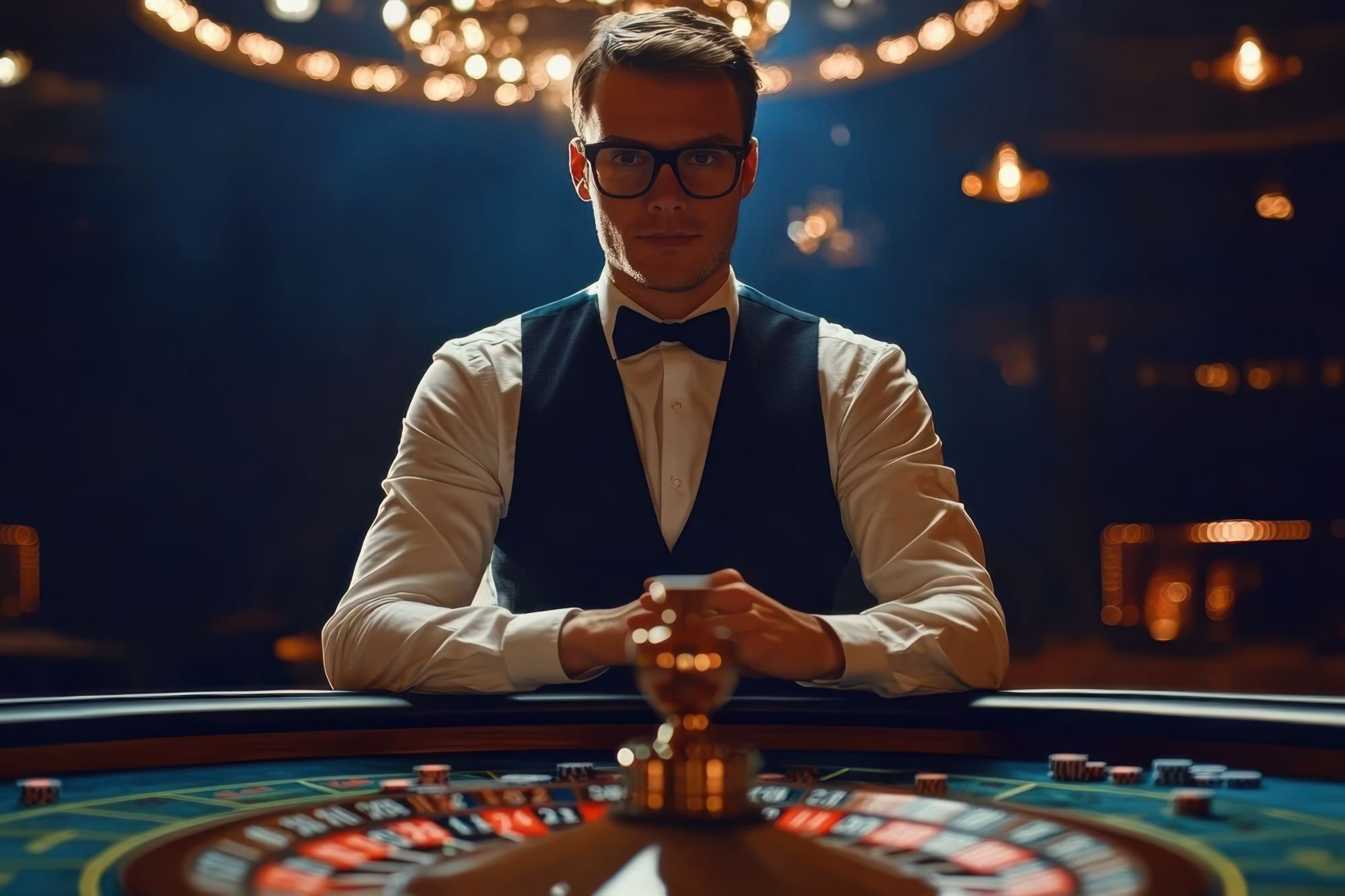 Tampilan permainan poker langsung dengan dealer profesional dan tata letak meja multi-sudut